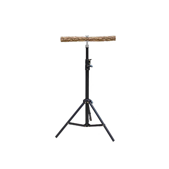 A black metal tripod stand with a horizontal prickly ash log bar resting on top, shown against a plain white background.