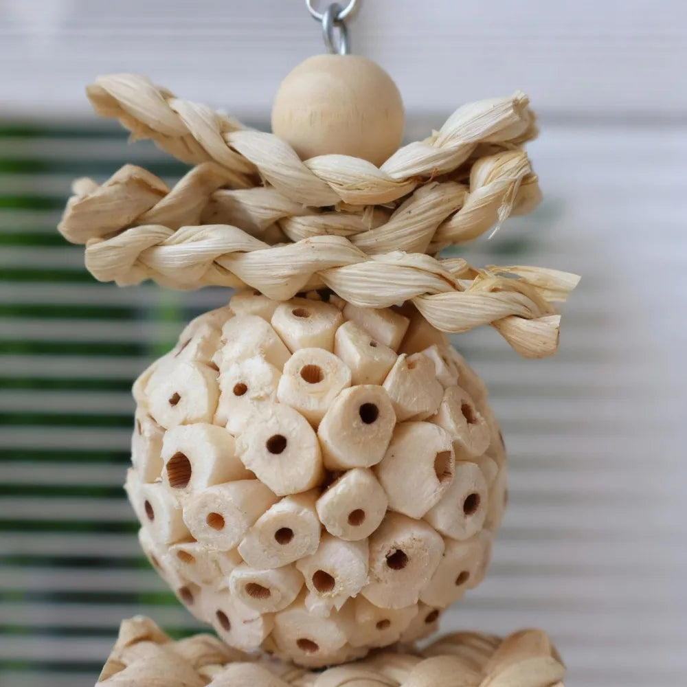 Natural Sola Wood & Woven Grass Bird Shredding Toy - Pinecone Foraging String