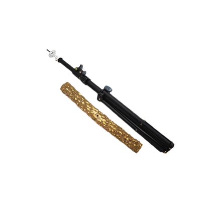 A black metal stand or pole with a textured prickly ash perch, isolated on a solid white background.