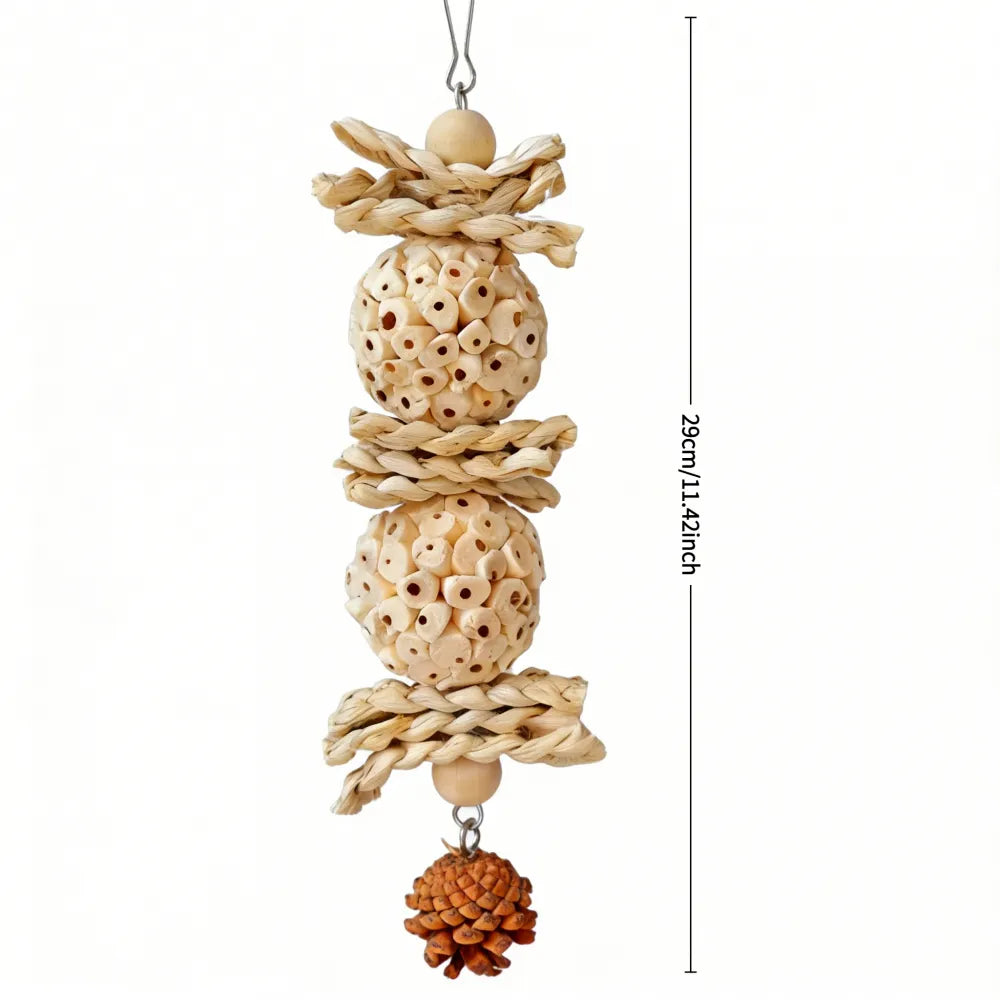 Natural Sola Wood & Woven Grass Bird Shredding Toy - Pinecone Foraging String