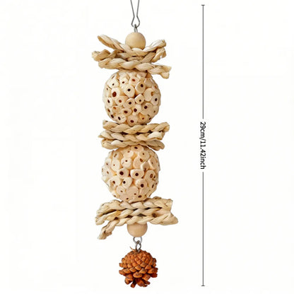 Natural Sola Wood & Woven Grass Bird Shredding Toy - Pinecone Foraging String